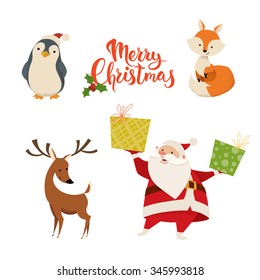 Set of cute Christmas characters.Santa Claus, fox, deer , penguin and Merry Christmas lettering