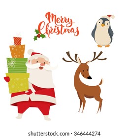 Set of cute Christmas characters.Santa Claus, fox, deer , penguin and Merry Christmas lettering