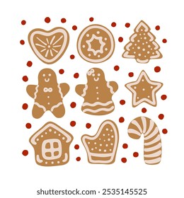 Set of cute Christmas cookies with icing. Gingerbread man, woman, star, heart, tree, house, mitten, candy cane. Christmas elements set.