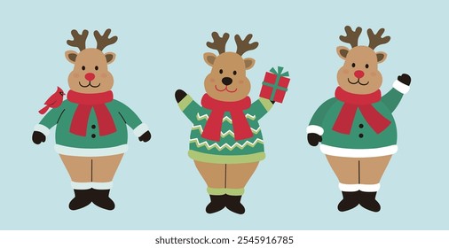 Set of cute Christmas deer flat vector stock illustration.