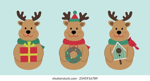 Set of cute Christmas deer flat vector stock illustration.