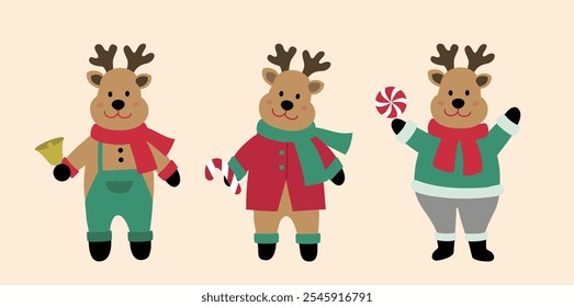 Set of cute Christmas deer flat vector stock illustration.