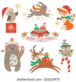 Set of cute Christmas design elements with woodland animals