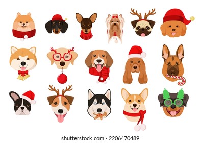 Un conjunto de lindos perros navideños con un fondo blanco. Diseño de caricaturas. Mascotas.
