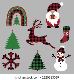 Set of cute Christmas elements with a buffalo plaid design.