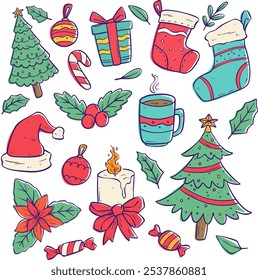 set of cute christmas elements. doodle christmas illustration