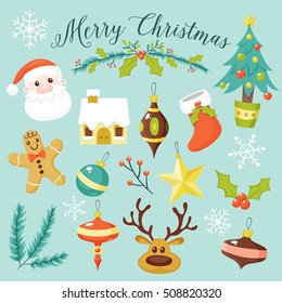 Set of cute christmas elements. Hand-drawn illustration.