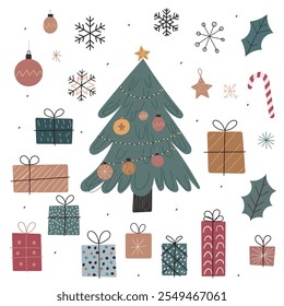 Set of cute Christmas elements including tree, Christmas decorations with a cheerful tree, gifts, and snowflakes celebrating the holiday spirit