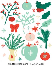 set cute Christmas elements isolated vector, design poster and postcard, invation
