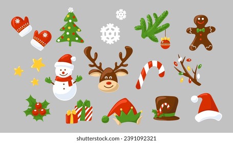 Set of cute Christmas elements. Objects isolated on gray background. Symbols of winter holidays. Christmas tree, moose, snowman, candy cane, holly berries, Santa's hat and others. Vector.