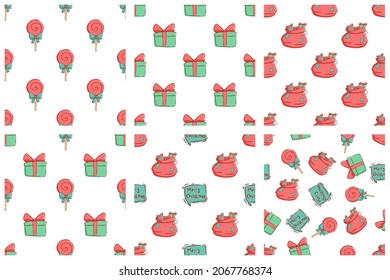 Set of cute Christmas elements in seamless patterns. Hand drawing lollipop, gift box and christmas bag. Vector design template.