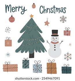 Set of cute Christmas elements, Christmas tree and snowman  decorations with a cheerful tree, gifts, and snowflakes celebrating the holiday spirit