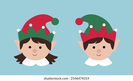 Set of cute Christmas elf head flat stock vector illustration.
Santa's helper.
Merry Christmas and happy holidays.