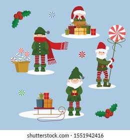 Set of cute Christmas elves. Flat cartoon style collection of little Santa Claus helpers. Happy New Year, Merry Xmas design element. Isolated. Good for card, banner, flayer, leaflet, poster