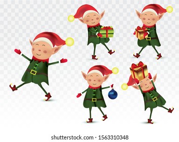 Set of cute christmas elves. Santa Claus helpers. Little beautiful elves. Happy New Year.Elves with gift presents. Icon set. Vector illustration.