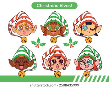 ¡Conjunto de lindos elfos navideños! Clipart vectoriales aislados y redimensionables. 