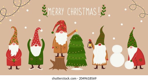 Set of cute christmas fairy gnomes wearing big hat. Hand drawn nordic dwarf characters doing activities: ice skating, decorating a tree, making snowman. Vintage holiday postcard, banner, invitation