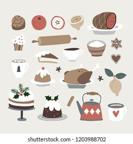 Set of cute Christmas food and drink icons. Roasted turkey, Christmas cake, pudding, cinnamon bun, coffee, gingerbread cookies and fruit. Vintage flat design. Isolated vector objects.