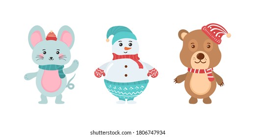 Set of cute christmas forest animals. Collection of cute cartoon characters isolated on a white background. Set of Christmas and New Year elements with animals. Vector illustration, eps 10.