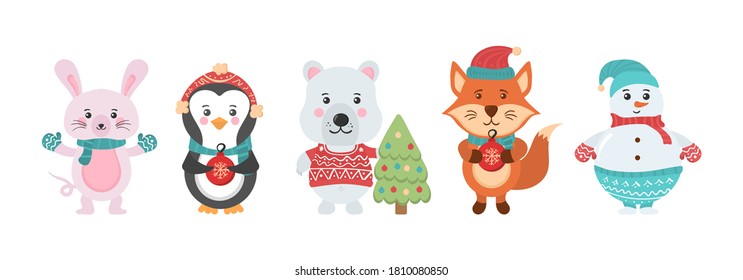 Set of cute christmas forest animals. Collection of cute cartoon characters isolated on a white background. Set of Christmas and New Year elements with animals. Vector illustration, eps 10.