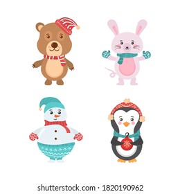 Set of cute christmas forest animals. Set of Christmas and New Year elements with animals. Collection of cute cartoon characters isolated on a white background. Vector illustration, eps 10.