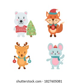 Set süße Weihnachtswaldtiere. Sammlung süßer Cartoon-Figuren einzeln auf weißem Hintergrund. Set von Weihnachten und Neujahr Elemente mit Tieren. Vektorgrafik, eps10.