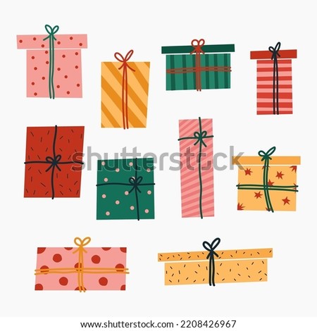 Set of cute Christmas gift boxes with ribbon. New Year presents. Winter holiday vector illustration in a flat style.