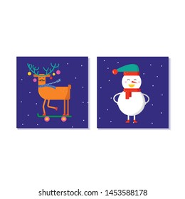 Set of cute Christmas gift cards with animals. Invitation for  Merry Christmas. merry and bright, warm wishes, magic moments. Easy editable template. Vector.