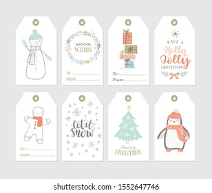 Set of cute Christmas gift tags in hand drawn doodle style. Vector greeting card designs with lettering and illustrations of winter wreath, snowman, penguin, gift boxes, gingerman, christmas tree.