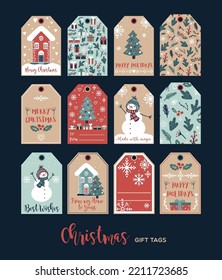 Set of cute Christmas gift tags in hand drawn doodle style. Vector greeting card designs