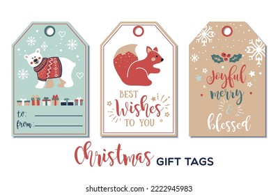 Juego de lindas etiquetas de regalo navideñas al estilo de doodle dibujado a mano. Diseño de plantillas de etiquetas de regalo vectorial con letras e ilustraciones de oso polar, ardilla, copos de nieve