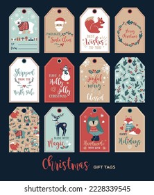 Set of cute Christmas gift tags in hand drawn doodle style. Vector greeting card designs
