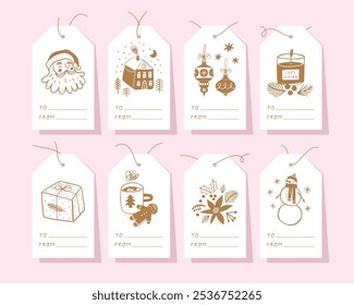 Conjunto de lindas etiquetas de regalo de Navidad. Dibujado a mano Ilustración vectorial de estilo de boceto. 