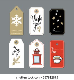 Set of cute christmas gift tags, labels, hand drawn illustrations, flat design, isolated vector objects