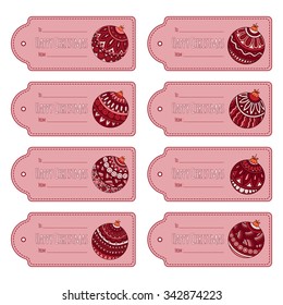 Set of cute christmas gift tags, labels, hand drawn illustrations, isolated vector objects. Doodle ethnic stylized design.