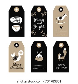 Set of cute Christmas gift tags, labels with squirrel, fox, Christmas pudding and wooden horse. Hand drawn illustrations, flat design. Isolated vector objects.