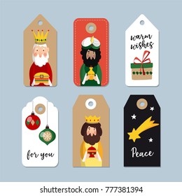 Set of cute Christmas gift tags. Three magi. Biblical kings Caspar, Melchior and Balthazar. Vector illustration backgrounds, isolated vector objects for Spanish Dia del Reyes holiday.