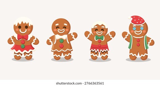 Set of Cute Christmas Gingerbread Man Characters in Flat Vector Style
