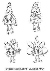 Set of cute christmas girls gnomes. Collection of holidays elves and angels with gifts.