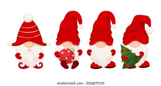 Set cute Christmas gnome, elf in red hat in cartoon style, New year greeting character isolated on white background. Traditional funny fairy with beard.