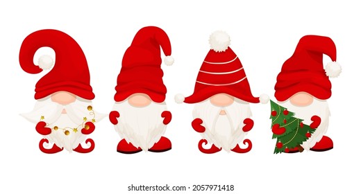 Set cute Christmas gnome, elf in red hat in cartoon style, New year greeting character isolated on white background. Traditional funny fairy with beard.