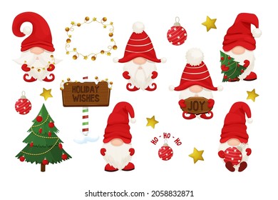 Set cute Christmas gnome, elf in red hat in cartoon style, New year greeting character isolated on white background. Traditional funny fairy with beard.