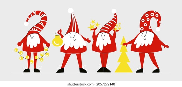 Set of cute Christmas Gnomes or Dwarfs with red caps in simple scandinavian nordic style. Winter Noel and Elf collection flat vector cartoon illustration for Christmas Card, Seasons greeting, banner