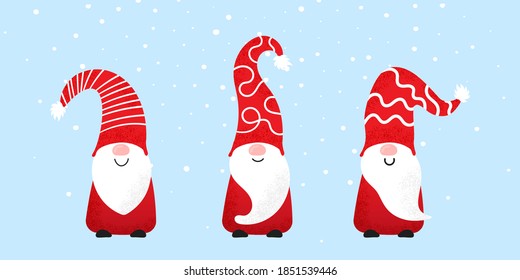 Set of cute christmas gnomes in funny hats with noise texture. Vector illustration of northern elfs, cartoon scandinavian dwarfs. Xmas elements for design, invitations and greeting cards