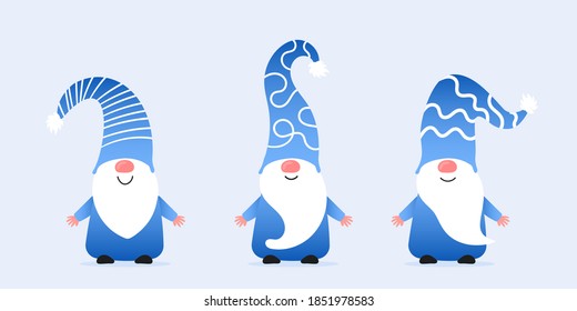 Set of cute christmas gnomes in funny hats in blue color. Vector illustration of northern elfs, cartoon scandinavian dwarfs. Xmas elements for design, invitations and greeting cards