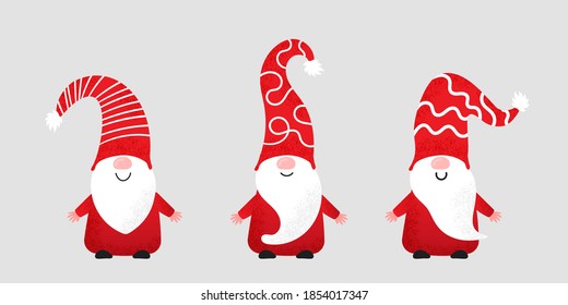 Set of cute christmas gnomes in funny hats with noise texture. Vector illustration of northern elfs, cartoon scandinavian dwarfs. Xmas elements for design, invitations and greeting cards