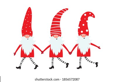 Eine Reihe süßer Weihnachtsbrunnen in lustigen Hüten und Händen. Vektorgrafik der nördlichen Elfen, Cartoon-Skandinavier-Zwerge. Weihnachtselemente für Design, Einladungen und Grußkarten