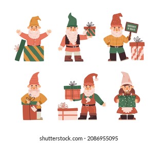 Set of cute Christmas gnomes with gifts, cartoon vector illustration isolated on white background. Flat fairy dwarfs in caps holding presents. Concept of winter holidays.