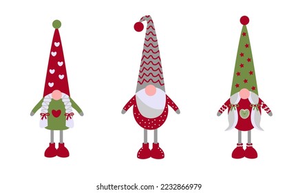 Set of cute Christmas gnomes with high hubcaps and long legs. Vector Christmas character. Dwarf on thin long legs.  Vector illustration with isolated background. Topical winter theme. 