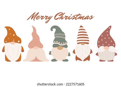 Set of cute Christmas gnomes. Little Santa Claus characters.Vector illustration in flat boho style. Nordic element design. Scandinavian christmas elves.